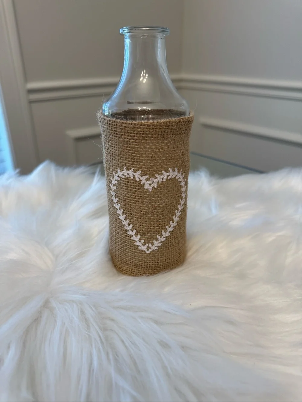 21 New Rustic Clear Glass Decorative Bottles Burlap Wrap White Heart 7.75